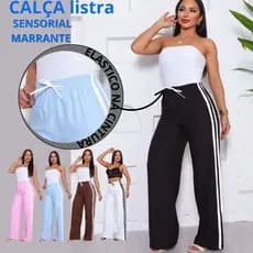 Calça feminina, Calça de alfaiataria sensorial, Calça com listra lateral elástico na cintura.