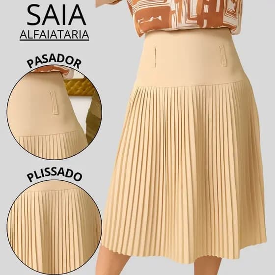 Saia Mídi Plissada Alfaiataria Cintura Alta Social Feminino Moda Evangélica