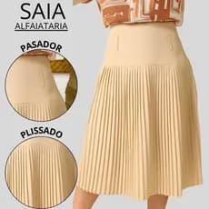 Saia Mídi Plissada Alfaiataria Cintura Alta Social Feminino Moda Evangélica