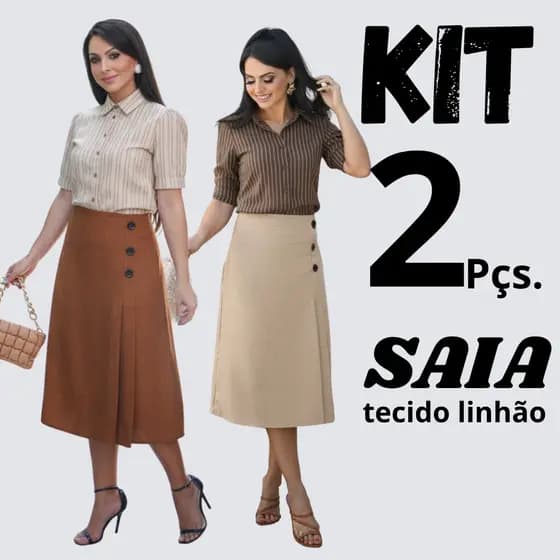 Kit 2 saia midi  plissado tecido linhão detalhe 3 botão e zíper nas costa.