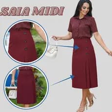 Saia Midi Feminina do P ao G2 Detalhe 3 Botão Tecido Linhão Moda Evangélica Social