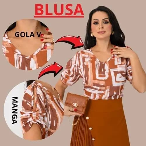 Blusa casual Manga Curta estampa exclusivo, Detalhe abertura na Manga, moda social Tecido crepe Georgetti.