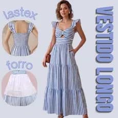 Vestido Feminino Longo Listrado Tecido Duna Soltinho Confortável Elegante Moda Feminina