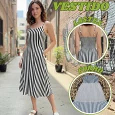 Vestido Feminino listrado Midi duna com bolso