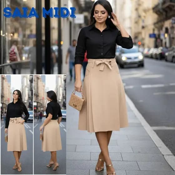 Saia Midi Feminina Linhão Cintura Alta com Faixa Laço Moda Evangélica Elegante Social Casual
