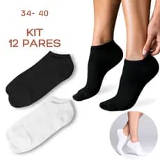 Kit Até 12 Pares Meia Feminina Soquete Curto Respiravel Confortavel Preto E Branco