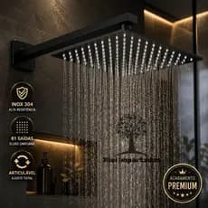 Chuveiro Ducha Slim Inox 304 Quadrado 20x20 Preto Articulável Alta Pressão Premium