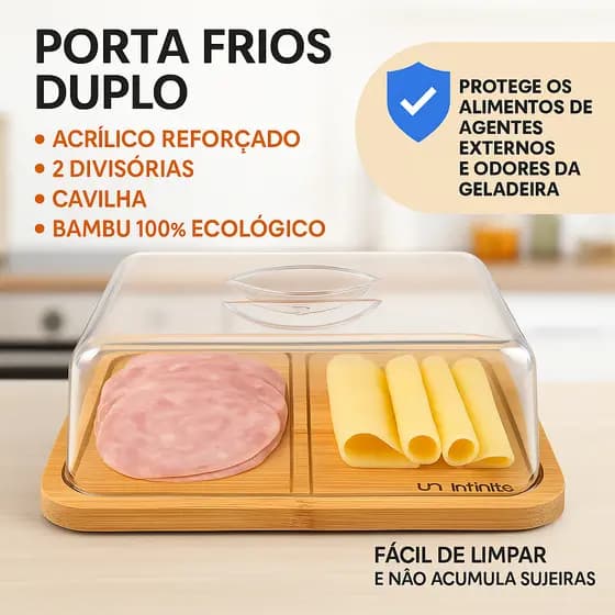 Porta Frios Bambu Duplo Com Divisorias Tampa de Acrilico