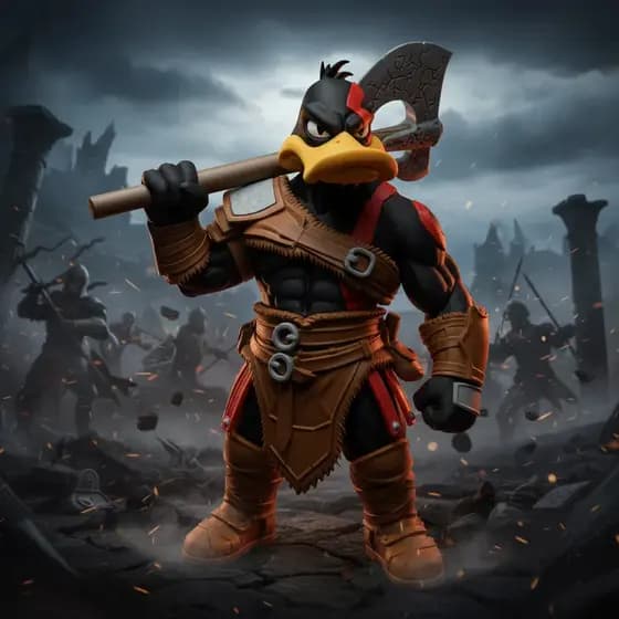 Boneco Patolino x Kratos 31cm Colecionável Geek Looney Tunes Guerreiro Decorativo para Setup Estante