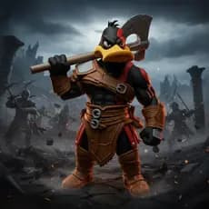 Boneco Patolino x Kratos 31cm Colecionável Geek Looney Tunes Guerreiro Decorativo para Setup Estante