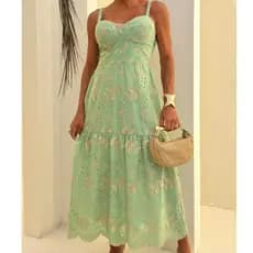 Vestido Midi Lese Bordado 3D 100% Algodão Casamentos, Evangelica, Longo