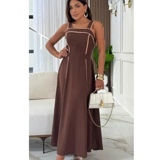 Vestido Feminino Midi  Casual Tecido Sensorial Marrant Com Viés  Alça Grossa Com Bojo