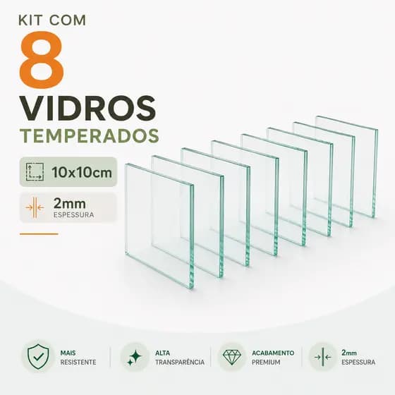 Kit 8 Vidros Temperados 10x10cm Transparente 2mm para Porta Retrato Moldura Artesanato e Decoração