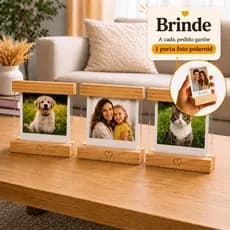 Kit Porta Retrato de Mesa com foto 10x10 Vidro Duplo Base em Madeira Pinus para Decoração e Presente