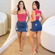 Saia Jeans Feminina 100% Algodão Cintura Alta Barra Bainha Casual Balada Conforto Moda Blogueira