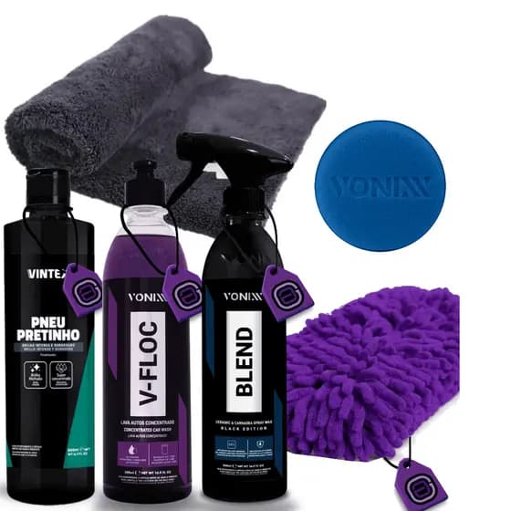Kit completo vonixx: Blend Black Spray + V-Floc + Pneu pretinho + Esponja tentáculos + Microfibra 40x40 + aplicador