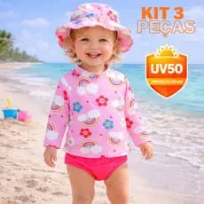 Kit 3 Peças  Moda Praia Bebê e Infantil Menina: Blusa UV50 + Tapa Fralda + Chapéu | Proteção Solar
