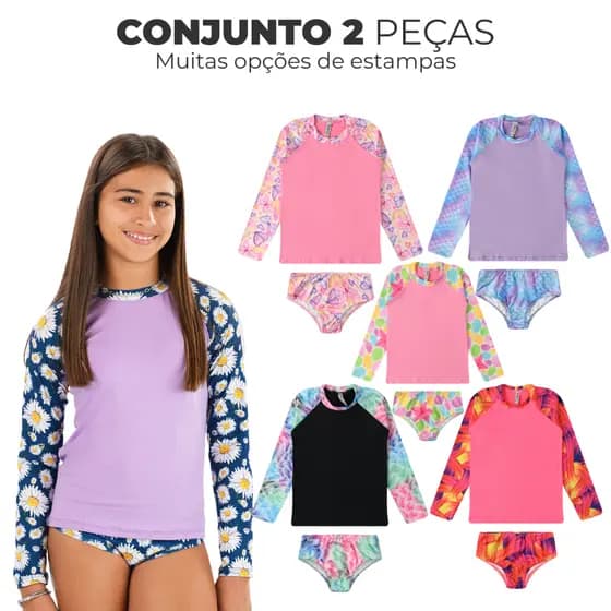 Conjunto Infantil Raglan + Biquini Bebe Menina Com Proteção UV50
