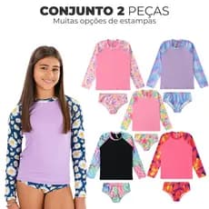 Conjunto Infantil Raglan + Biquini Bebe Menina Com Proteção UV50
