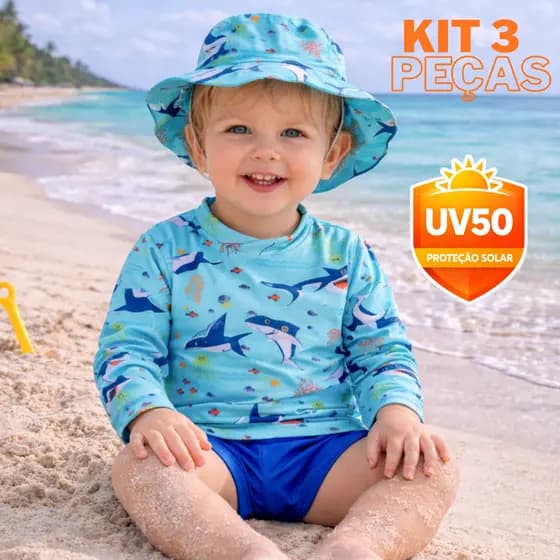 Kit 3 Peças  Moda Praia Bebê e Infantil Menino: Blusa UV50 + Tapa Fralda + Chapéu | Proteção Solar