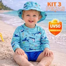 Kit 3 Peças  Moda Praia Bebê e Infantil Menino: Blusa UV50 + Tapa Fralda + Chapéu | Proteção Solar