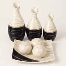 Enfeite Trio de Vasinhos Bandeja com Bolas Decorativas Sala Quarto Escritório