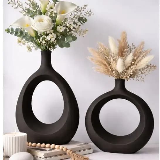 Kit Dupla Vasos Cerâmicos Vazado para Sala Casa Decoração 35cm