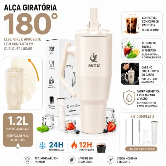MITU Copo Térmico 1.2L Inox Quente/Frio c/ Alça e Canudo - Garrafa p/ Academia, Carro e Viagem Tampa Multifuncional