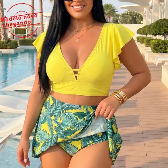 Biquíni plus size/biquíni de praia de cintura alta/conjunto de biquíni com saia/biquíni feminino com estampa floral