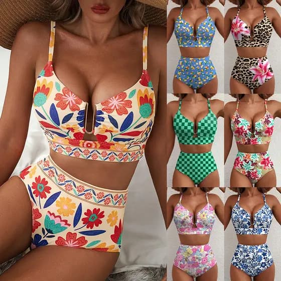 Biquíni de cintura alta, conjunto de 2 peças/biquíni feminino de moda praia/biquíni feminino plus size/design de U