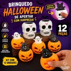 Kit 12 Brinquedos de Apertar Com Surpresa Halloween Caveira Abóbora Lembrancinha Festa Decoração