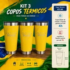 Kit 3 Copos Térmicos Copa do Mundo 473ml. Mantem o Liquido Gelado ou Quente por Mais Tempo.