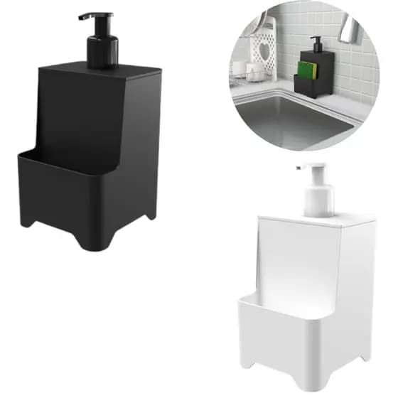 Dispenser Porta Detergente Com Porta Esponja Para Cozinha 650ml Preto / Branco
