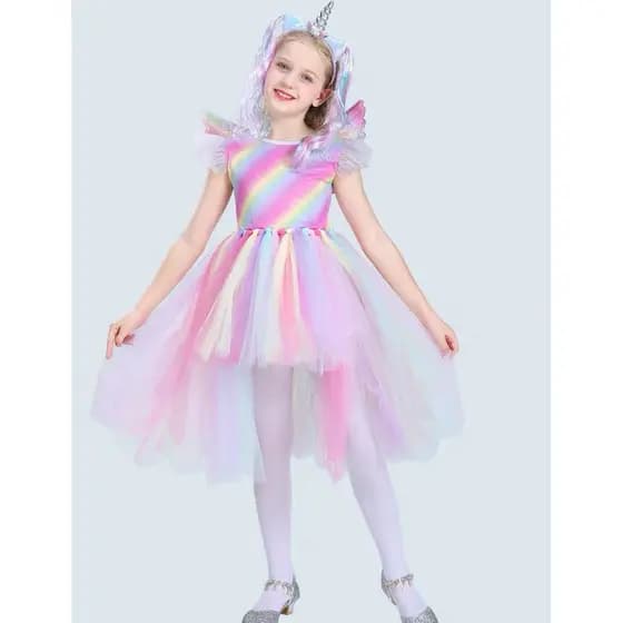 Vestido Fantasia Infantil Vestido de Princesa Estilo Unicornio Com Tiara
