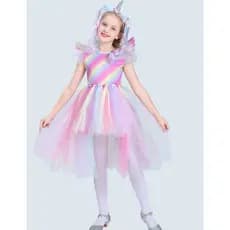 Vestido Fantasia Infantil Vestido de Princesa Estilo Unicornio Com Tiara