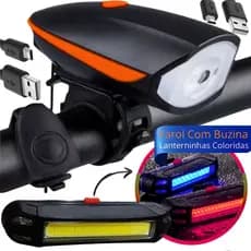 Farol Led Bike com Buzina 140db Lanterna Traseira USB Recarga 5 Modos Luz Ciclismo Noturna