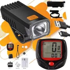 Kit Farol Bike Velocimetro Bicicleta Ciclista Farolzinho Ciclocomputador