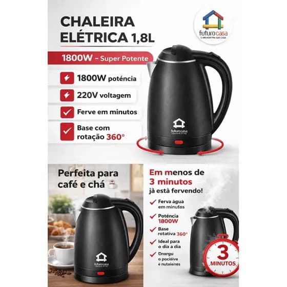 Chaleira eléctrica (preta) 220v/1800w/1,8L