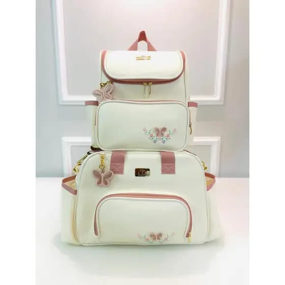 Kit Bolsa Maternidade Mochila de bebe Elen Borboleta Creme Arte e Companhia