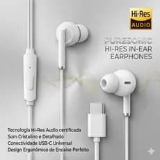 Fone de Ouvido Tipo-C Hi-Res Som Premium com Microfone Intra-Auricular Plug & Play para Android USB-C