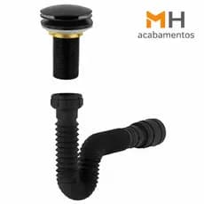 Válvula Click Preta + Sifão Preto, Válvula Para Cuba Com Sifão