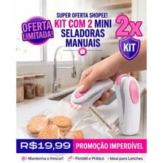 Kit 2 Mini Seladora Portátil Manual Fecha Sacos Embalagem Plástico Mantém Alimentos Frescos PilhaAA Branco Rosa Promoção
