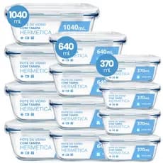 Kit Pote Vidro Hermético Marmita 3 Tamanhos 1040ml 640ml 370ml Micro-ondas Freezer Forno Organização Geladeira