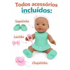 Boneca Elya Negra/ Branca Bebê 20cm com Acessórios Inclusos (Chupeta, Lacinho, Sapato) – Roupa Vinil