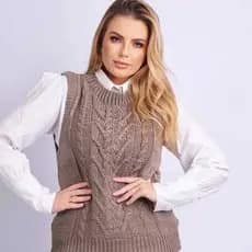 Colete Feminino Tricot com Detalhes de trança, Ponto Fang Elegante Tendência Moda Outono/Inverno