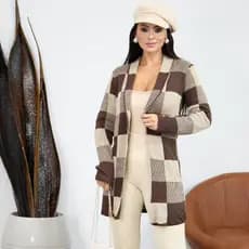 Casaco Xadrez Cardigan Tricot Lã Max Kimono de Frio Manga Longa Tendência Moda Inverno Elegante
