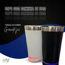 Copo térmico inox com tampa abridor e caixa de som com bluetooth Led 470ml