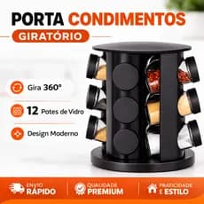 Porta Tempero Condimentos Giratório com 12 Potes de Vidro Preto 360 Graus com Tampa Dosadora