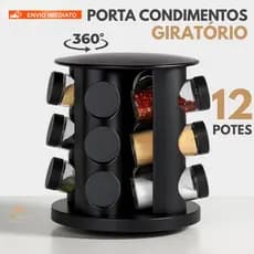 Porta Tempero Condimentos Giratório com 12 Potes de Vidro Preto 360 Graus c0m Tampa Dosadora GP6