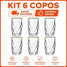 Kit 6 Copos Diamond com Borda Dourada 370ml